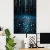 Abstract Rain Poster – Zilverblauwe muurkunst (Thuiskantoor)