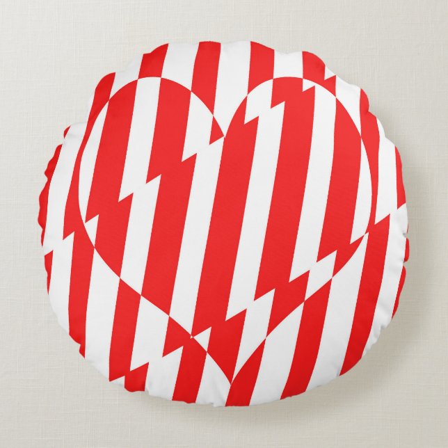 Abstract Red n White Stripes Valentijn Heart Rond Kussen (Voorkant)
