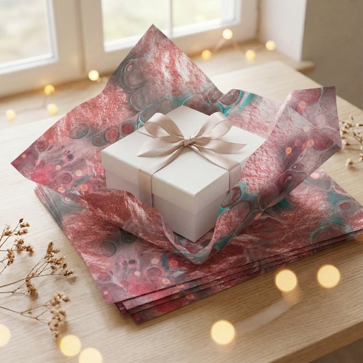 Abstract Red Teal Fluid Art Faux Foil Sparkling Tissuepapier