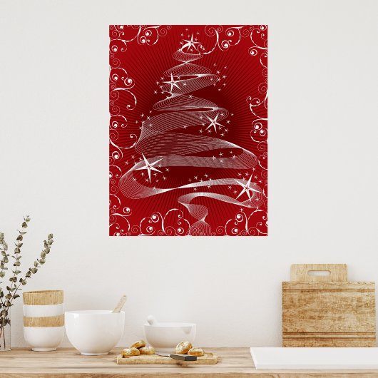 Abstract Red X'mas Tree & Swirls Poster (Keuken)
