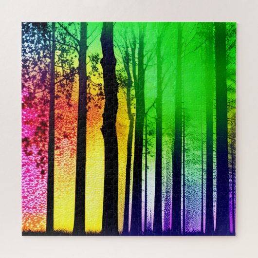 Abstract regenboogbos en zwarte silhouetbomen legpuzzel (Horizontaal)