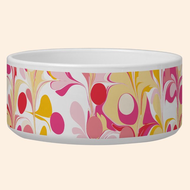 Abstract Retro Marmeren Patroon Roze Rood Geel Voerbakje (Retro abstract marble pattern pink yellow pet bowl)