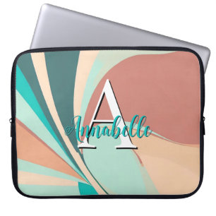Abstract Retro Modern Peach Rust Blauwgroen Monogr Laptop Sleeve