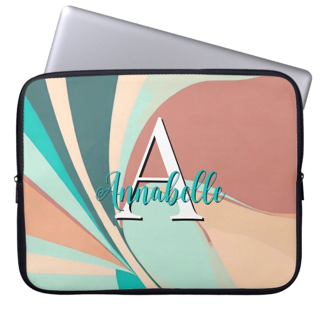 Abstract Retro Modern Peach Rust Blauwgroen Monogr Laptop Sleeve (Voorkant)