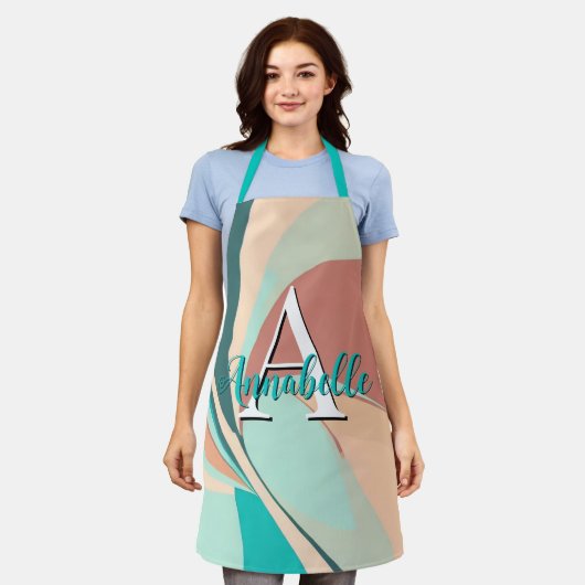 Abstract Retro Moderne Perzik Roest Teal Monogram Schort (Gedragen)