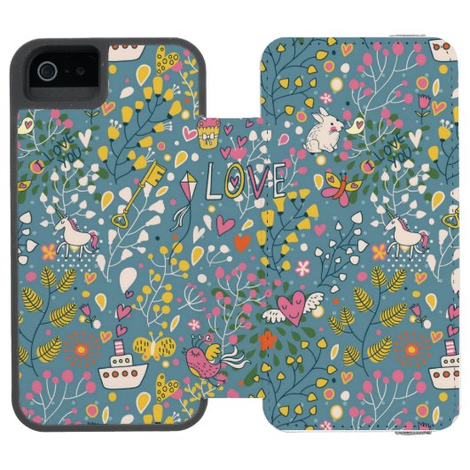 Abstract romantisch patroon met cartoon incipio iPhone portemonnee hoesje (Agenda Open)