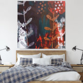Abstract rood, blauw, aardetinten met plantaardig  canvas afdruk (Insitu (Slaapkamer))
