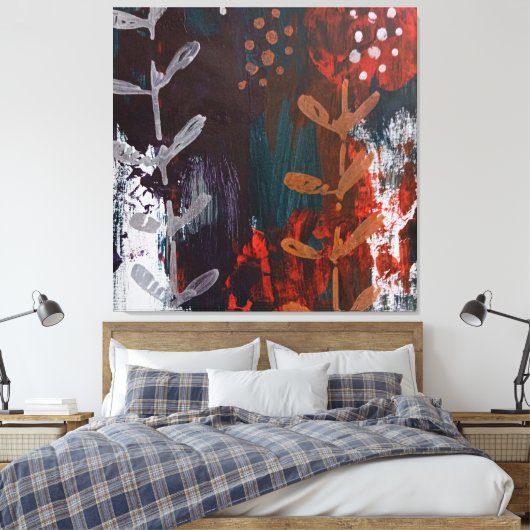 Abstract rood, blauw, aardetinten met plantaardig  canvas afdruk (Insitu (Slaapkamer))