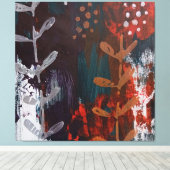 Abstract rood, blauw, aardetinten met plantaardig  canvas afdruk (Insitu (Houten vloer))