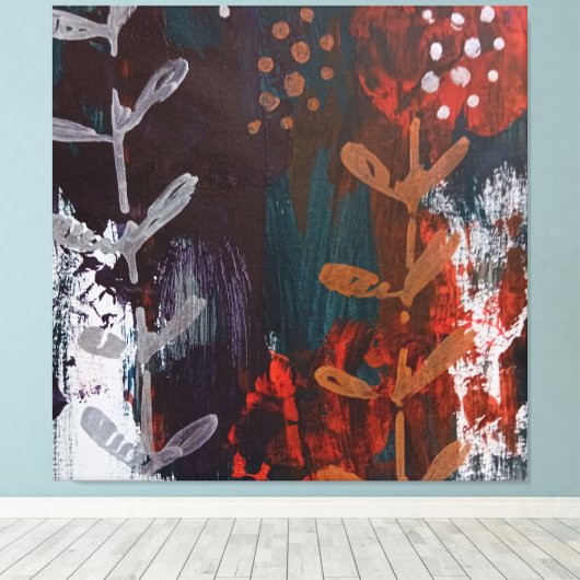 Abstract rood, blauw, aardetinten met plantaardig  canvas afdruk (Insitu (Houten vloer))