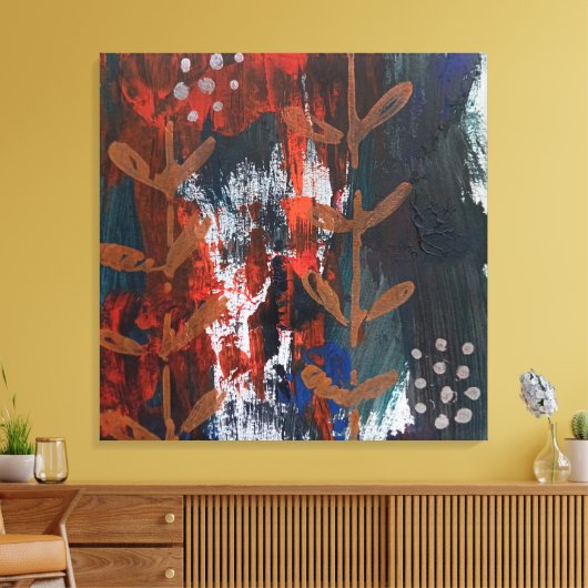 Abstract Rood, Blauw, Aardetinten met Plantaardige Canvas Afdruk (Insitu (Woonkamer))