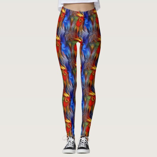 Abstract rood blauw geel en groen patroon leggings (Voorkant)