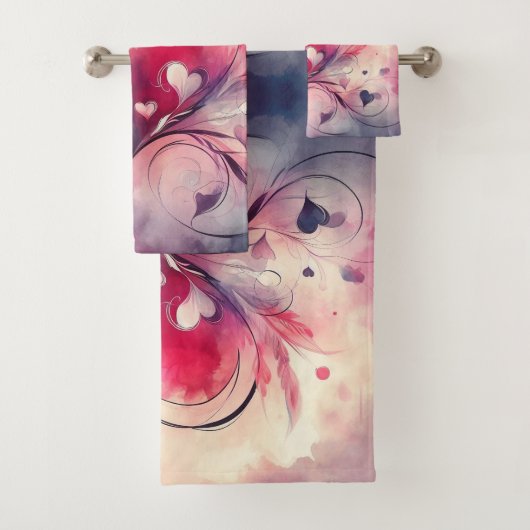 Abstract Rood Blauw Hartjes Fancy Handdoeken Set (Insitu)