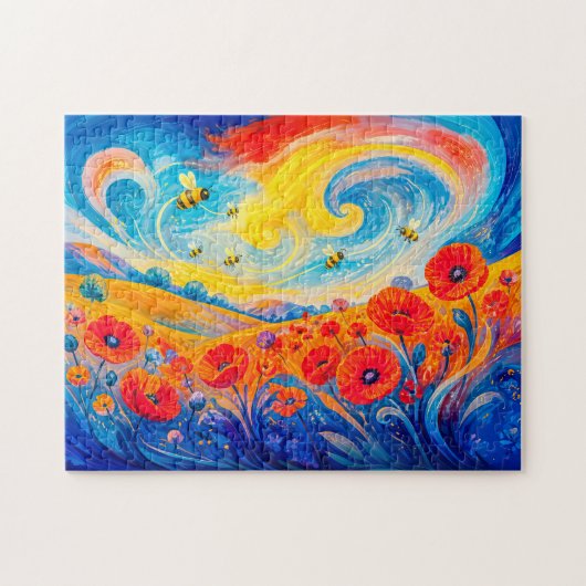 Abstract rood-blauw klaprozenveld met bijen legpuzzel (Horizontaal)