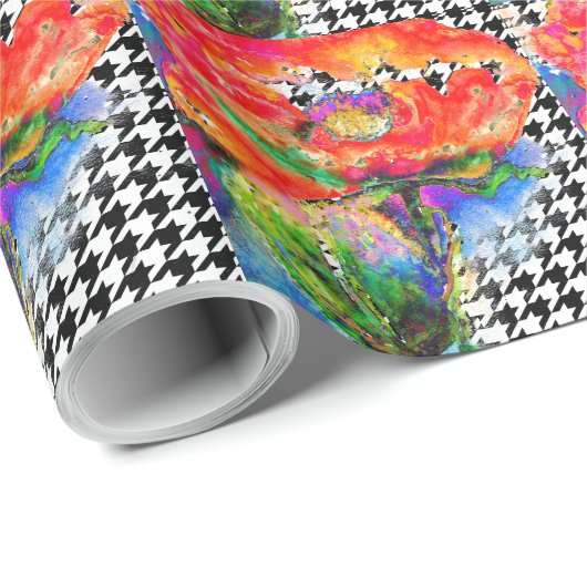 Abstract rood bloemig watercolorhoundstooth patroo cadeaupapier (Rol Hoek)