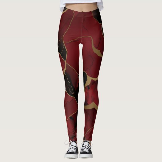 Abstract rood en zwart marmeren effect leggings (Voorkant)