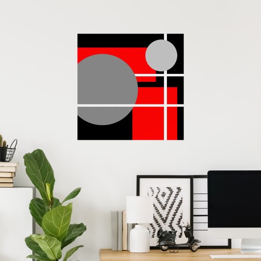 Abstract Rood Grijs Zwart Wit Poster (Thuiskantoor)