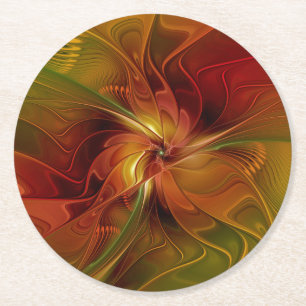 Abstract rood Oranje bruin fractaal kunstventilato Ronde Kartonnen Onderzetter