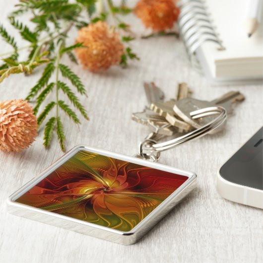 Abstract rood Oranje bruin fractaal kunstventilato Sleutelhanger (Zijkant)