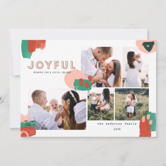 Abstract rood, roze + groen joyful multi-foto feestdagenkaart (Voorkant)