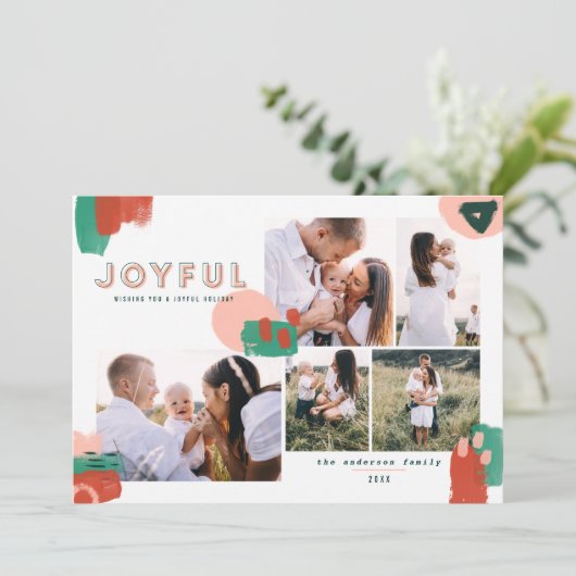Abstract rood, roze + groen joyful multi-foto feestdagenkaart (Staand voorkant)