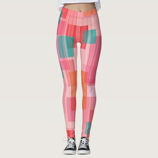 Abstract rood roze turquoise geometrisch vierkant leggings (Voorkant)