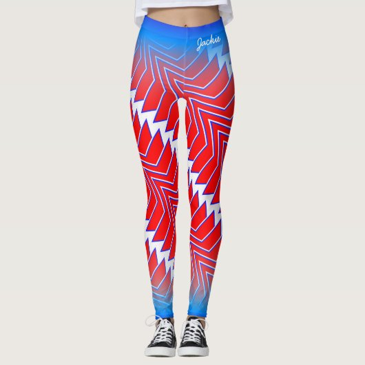 Abstract rood wit blauw patroon met jouw naam leggings (Voorkant)