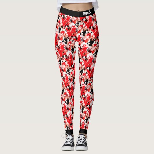 Abstract rood wit zwart schilderplaatjespatroon leggings (Voorkant)