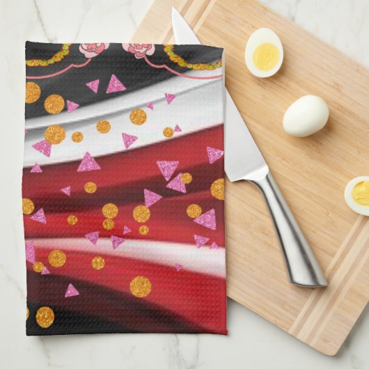 Abstract Rood Zwart Wit Keuken Handdoek (Quarter Fold)