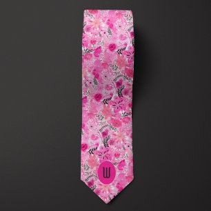 Abstract Roze Bloemmotief Monogram Stropdas