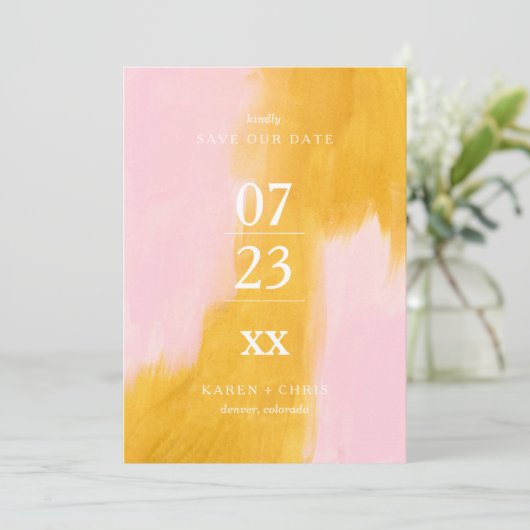 Abstract Roze en Geel Modern sparen de Datum Save The Date (Staand voorkant)