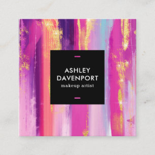 Abstract roze en goudglitter penseelmake-up vierkante visitekaartje
