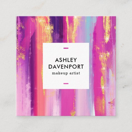 Abstract roze en goudglitter penseelmake-up vierkante visitekaartje (Voorkant)