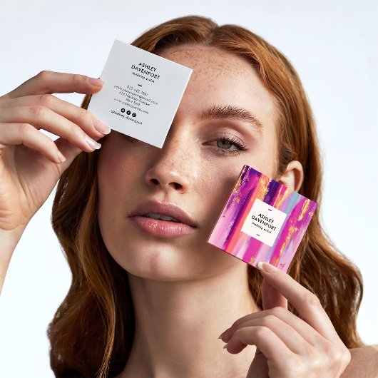 Abstract roze en goudglitter penseelmake-up vierkante visitekaartje