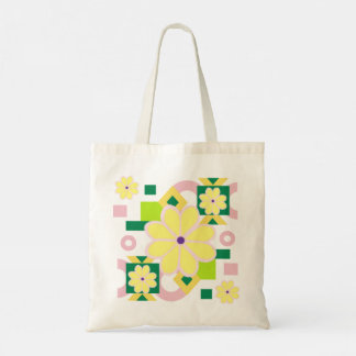 Abstract Roze en Groen Patroon met Gele Bloem Tote Bag