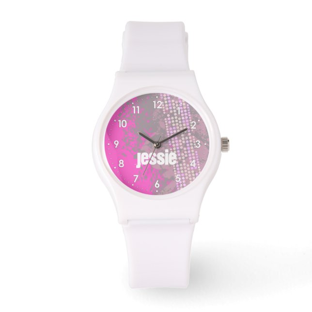 Abstract roze genummerde naam meiden sporthorloge horloge (Voorkant)