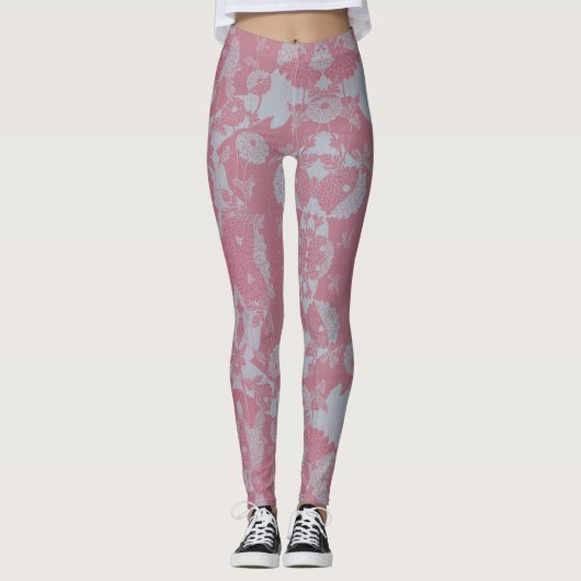 Abstract Roze & Grijs Botanisch Patroon Leggings (Voorkant)