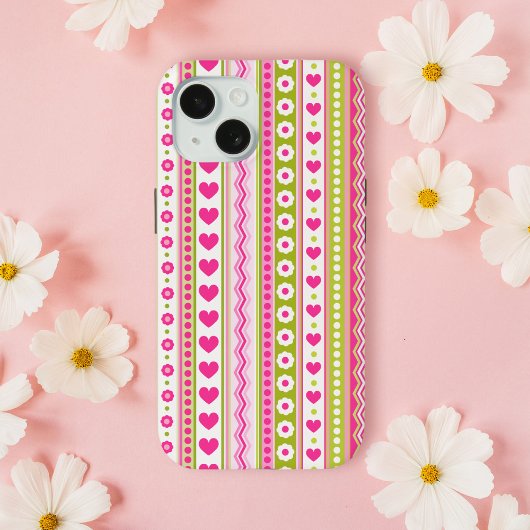 Abstract Roze groen patroon + stippen bloemen hart Case-Mate iPhone Case