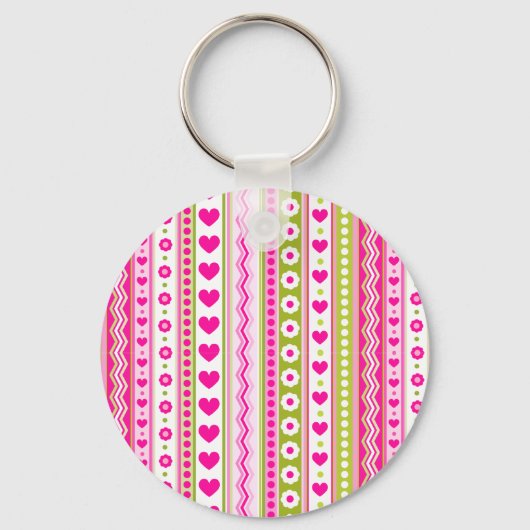 Abstract Roze groen patroon + stippen bloemen hart Sleutelhanger (Voorkant)