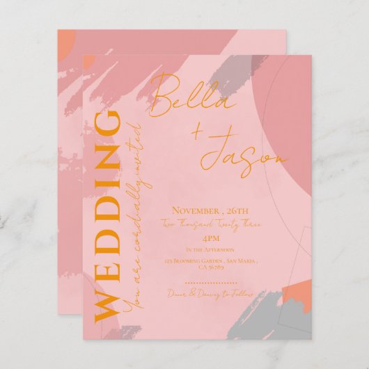 Abstract Roze Oranje Uitnodiging tot weduwschap (Voorkant / Achterkant)