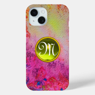ABSTRACT ROZE PAARSE BLOEMGELE EDELSTENEN MONOGRAM iPhone 15 CASE