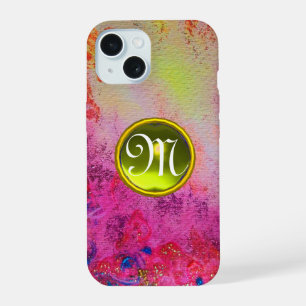 ABSTRACT ROZE PAARSE FLORALE GELE EDELSTEEN MONOGR iPhone 15 CASE
