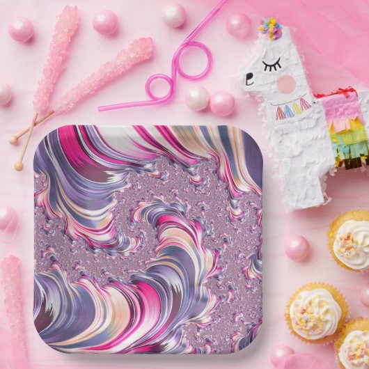 Abstract Roze Paarse Spiral Fractal Papieren Bordje (Feest)