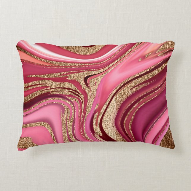 Abstract roze vloeibare marmer met glitter goud accent kussen (Voorkant)