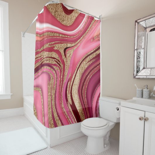 Abstract roze vloeibare marmer met glitter goud douchegordijn (In situ)