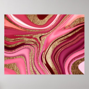 Abstract roze vloeibare marmer met glitter goud poster