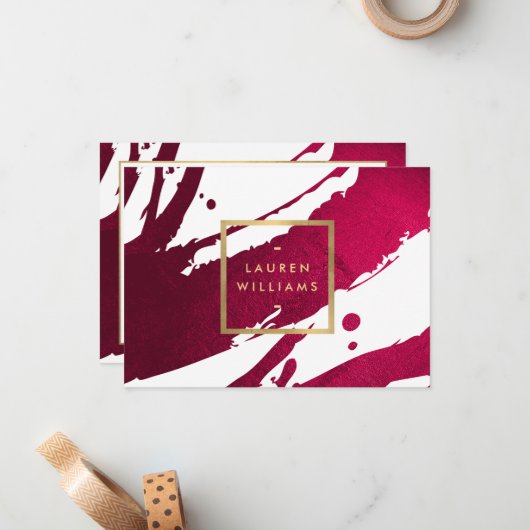 Abstract Ruby Red Brushstrokes Cadeaubon Notitiekaartje (Voorkant / Achterkant in situ)