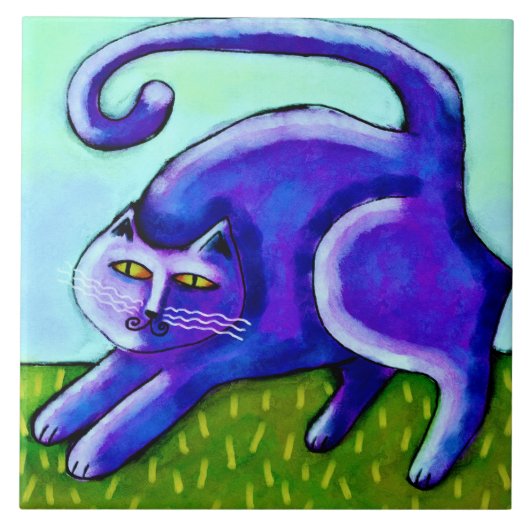 Abstract schilderen met Happy Paars kat Tegeltje (Voorkant)