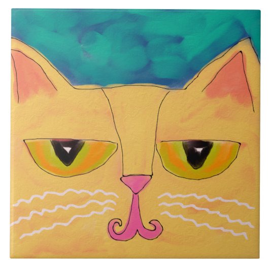 Abstract schilderen van Funky Yellow Cat Tegeltje (Voorkant)