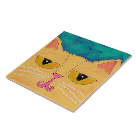 Abstract schilderen van Funky Yellow Cat Tegeltje (Zijkant)